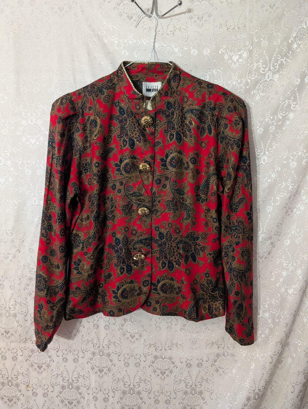 Vtg 80s Leslie Fay Red Paisley Metallic Brocade Jacket 10 Made in USA